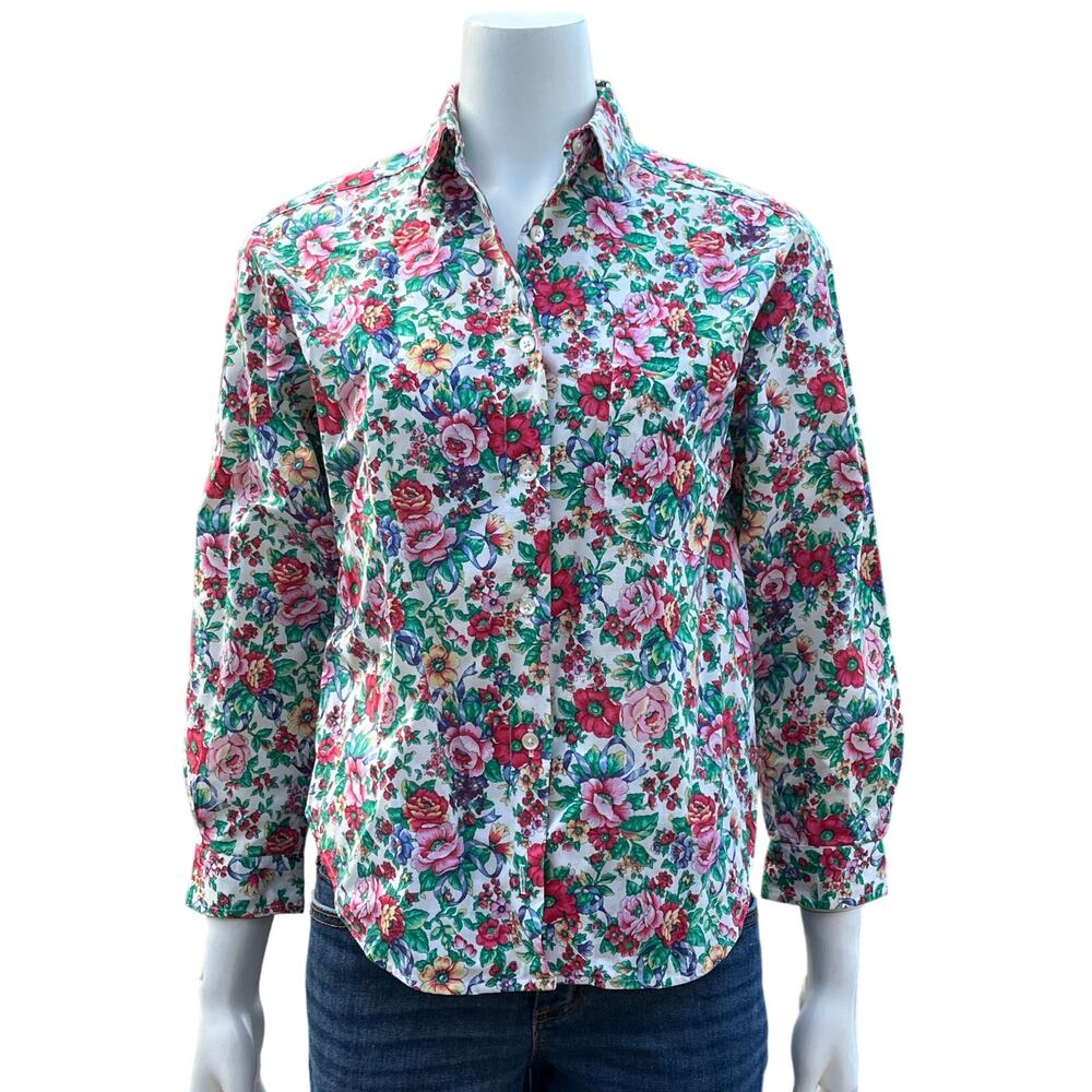 Talbots Petites Womens Vintage Floral Button-Down Shirt Size Small